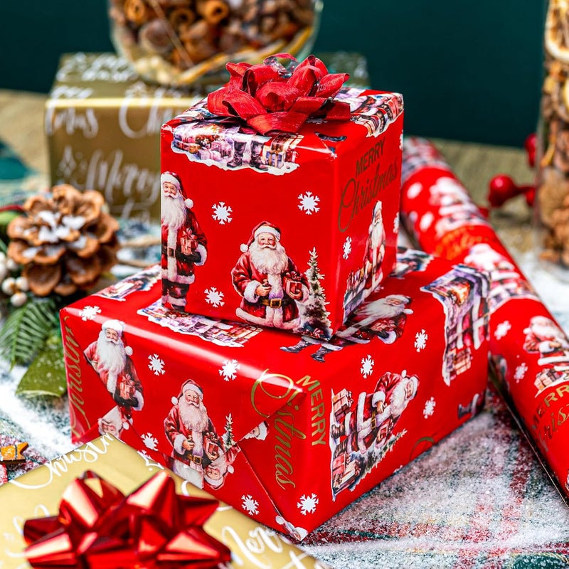 MAYPLUSS Christmas Wrapping Paper Roll - 17IN X 33FT - Red Gift Wrapping Paper Featuring Santa Claus Fireplace Against Red Reversible Merry Christmas for Kids, Holiday, New Year - Image 2